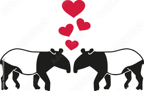 Two tapirs in love with hearts