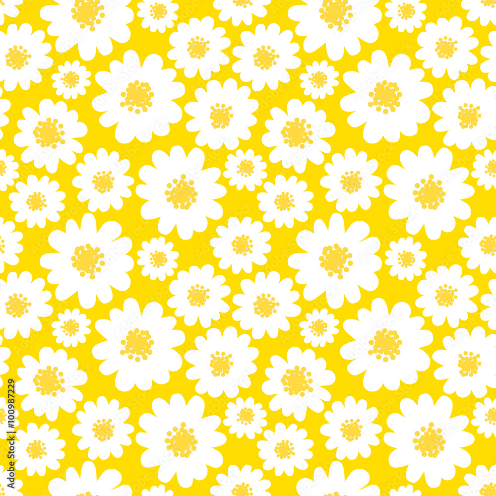 White daisies seamless pattern on a yellow background.Daisy field