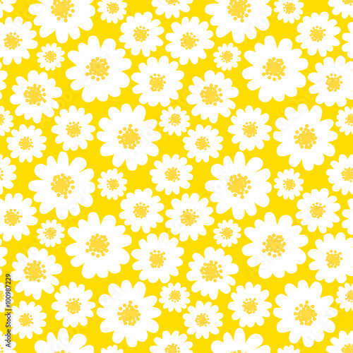 White daisies seamless pattern on a yellow background.Daisy field