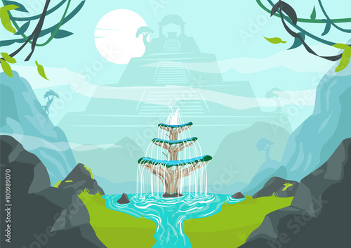 A Lost City with Fountain of Youth or Elixir of Life. Editable Clip Art. 