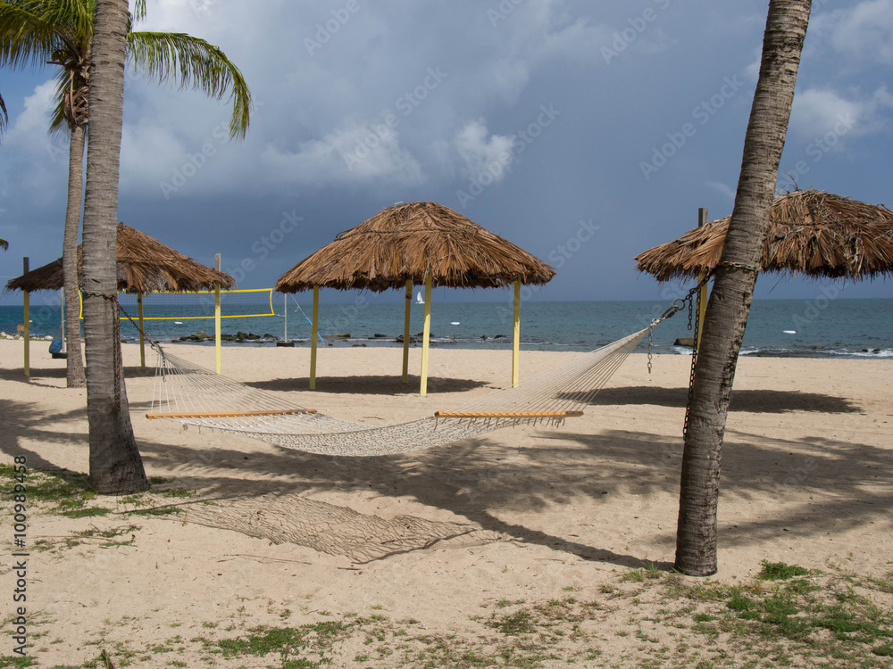 Hammock, Tiki Huts, and Volleyball Net on the Beach