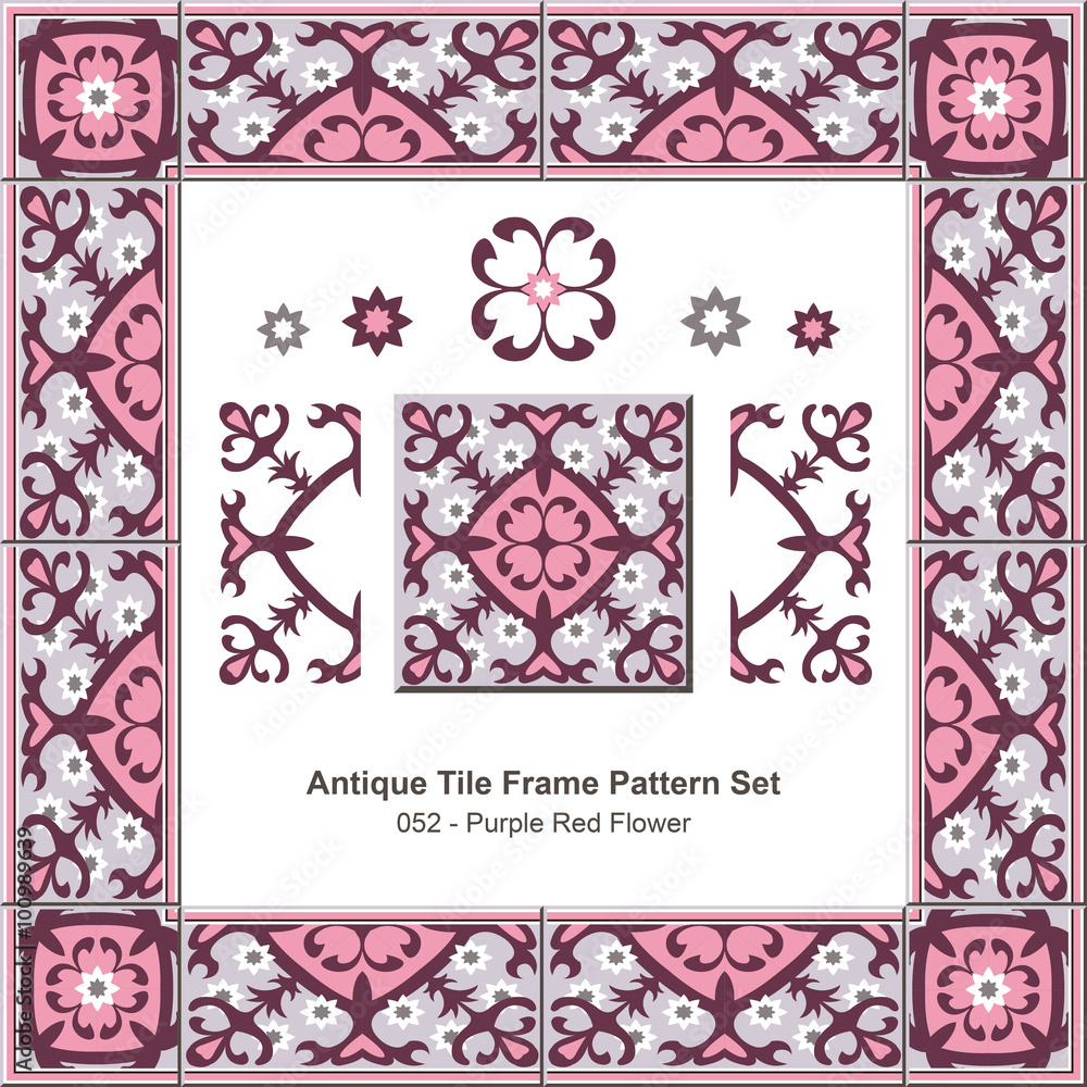 Antique tile frame pattern set_052 Purple Red Flower