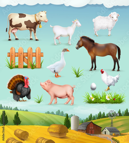 Farm, animals and birds set of vector icons