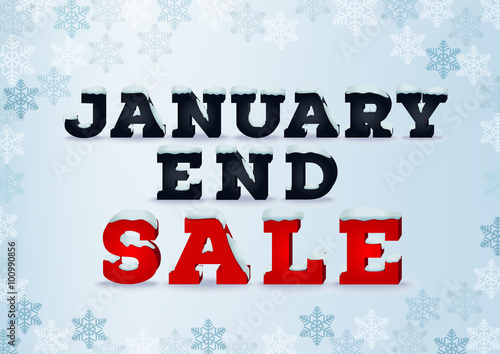 January end sale inscription design template in 3d style on blue background with snowflakes. Winter outlet, clearance, end of month sale concept. Snow cap text effect. EPS 10 vector illustration