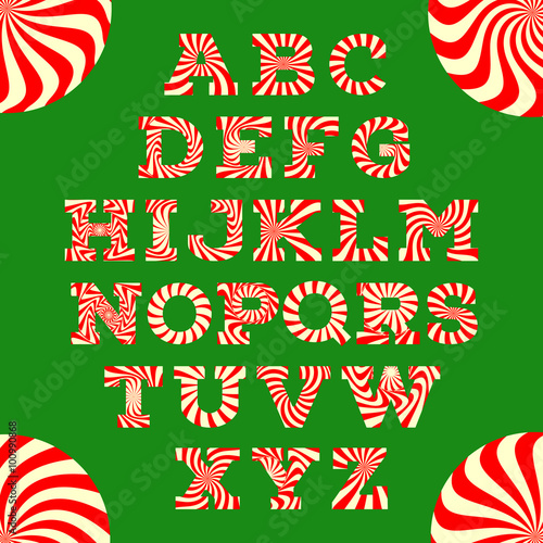 Latin alphabet with peppermint candy text effect. Red and white striped font on green background with round candies. Concept for Christmas holiday. Vector illustration