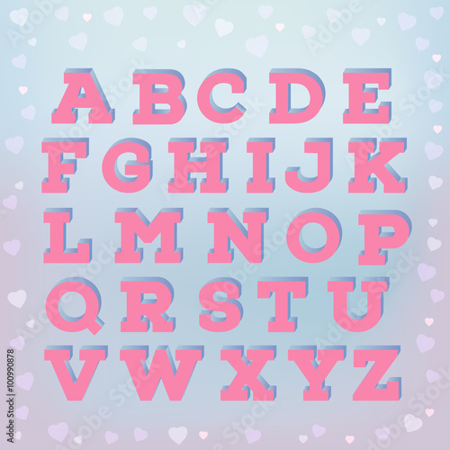 Pink romantic alphabet in retro style on blurred soft background with heart bokeh. Serenity and rose quartz color background. Valentine's day, wedding, love concept. EPS 10 vector illustration.