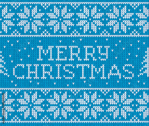 Blue knitted seamless pattern with sign Merry Christmas