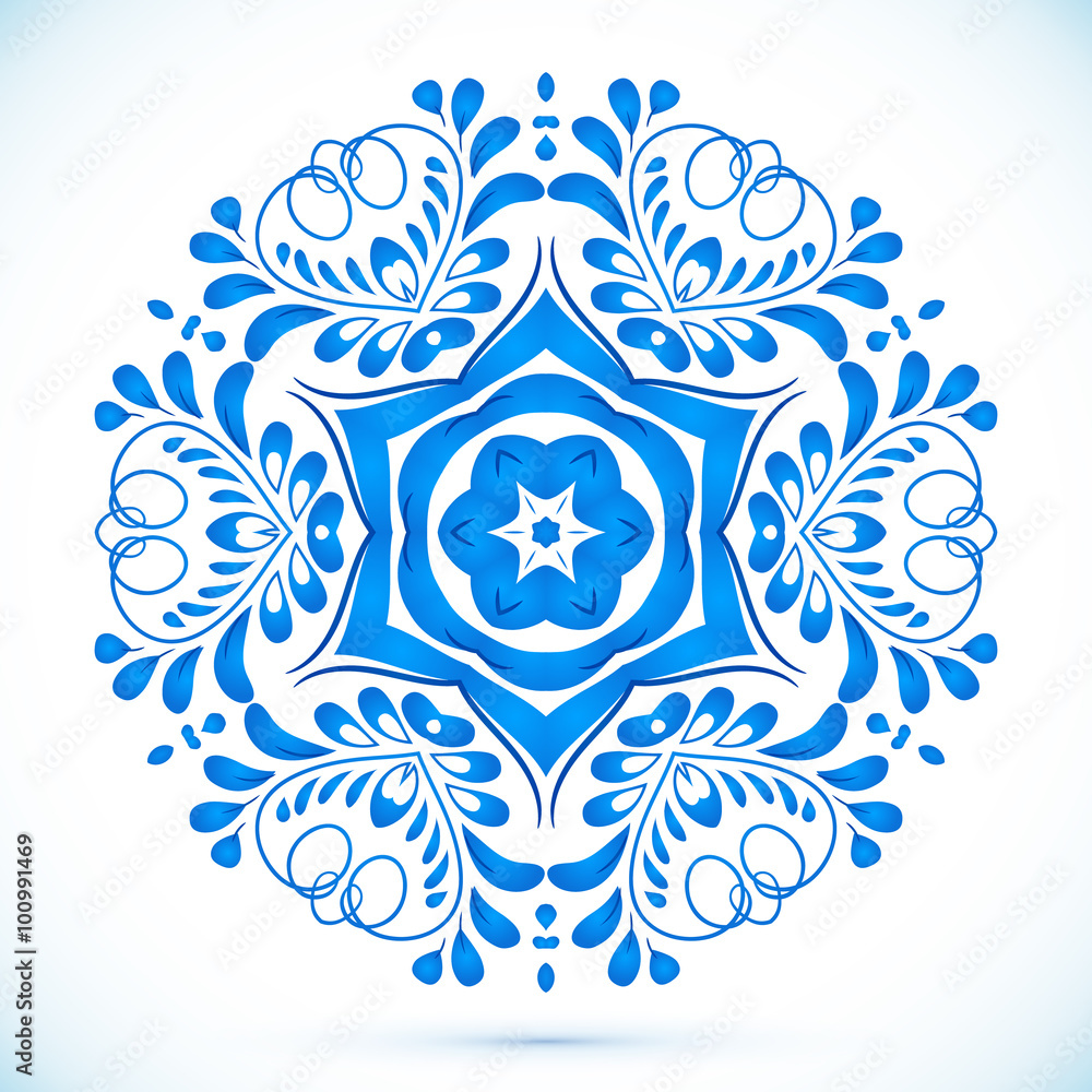 Blue floral circle pattern in gzhel style