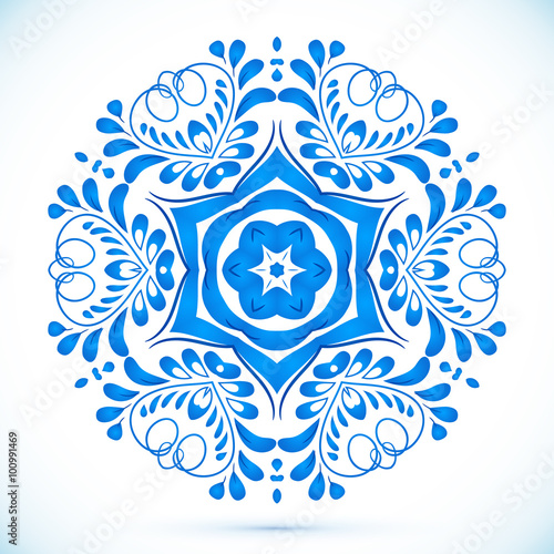 Blue floral circle pattern in gzhel style