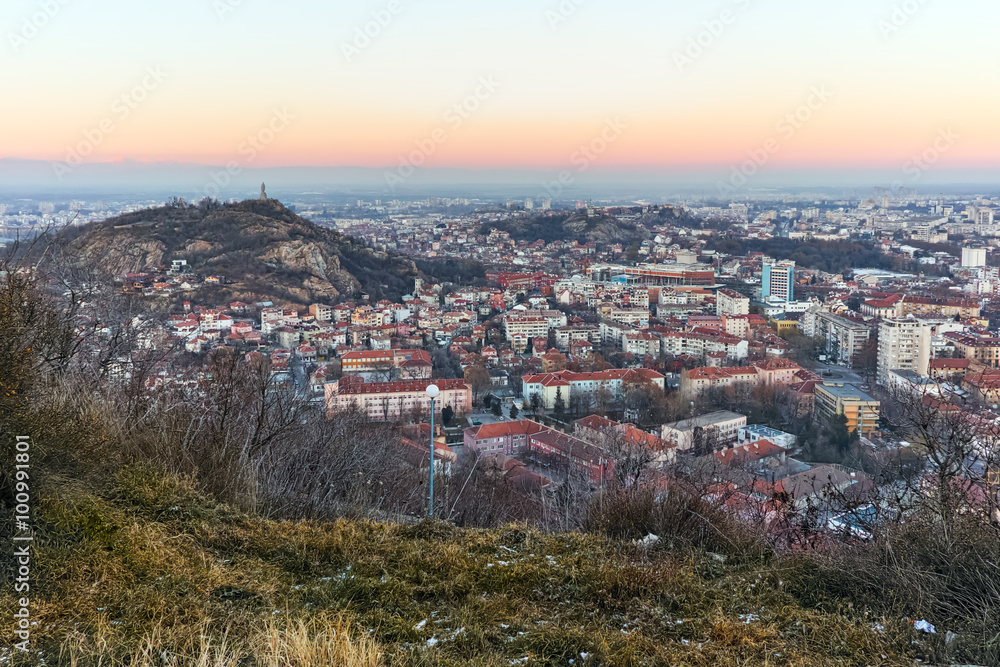 Twilight Landscape of city of Plovdiv from Dzhendem tepe hill, Bulgaria