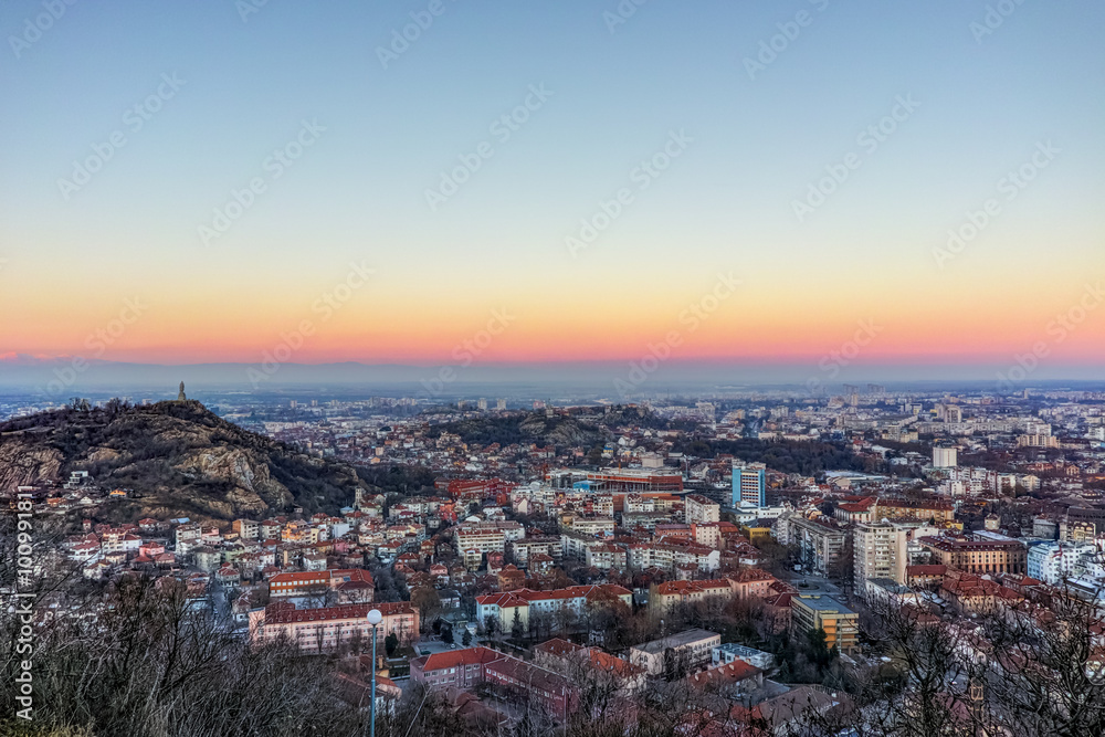 Sunset Landscape of city of Plovdiv from Dzhendem tepe hill, Bulgaria