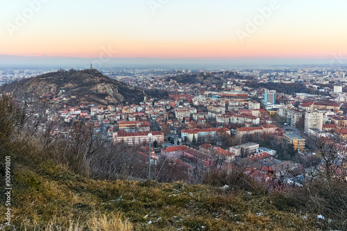 Twilight Landscape of city of Plovdiv from Dzhendem tepe hill  Bulgaria