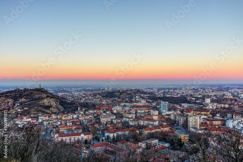 Sunset Landscape of city of Plovdiv from Dzhendem tepe hill, Bulgaria
