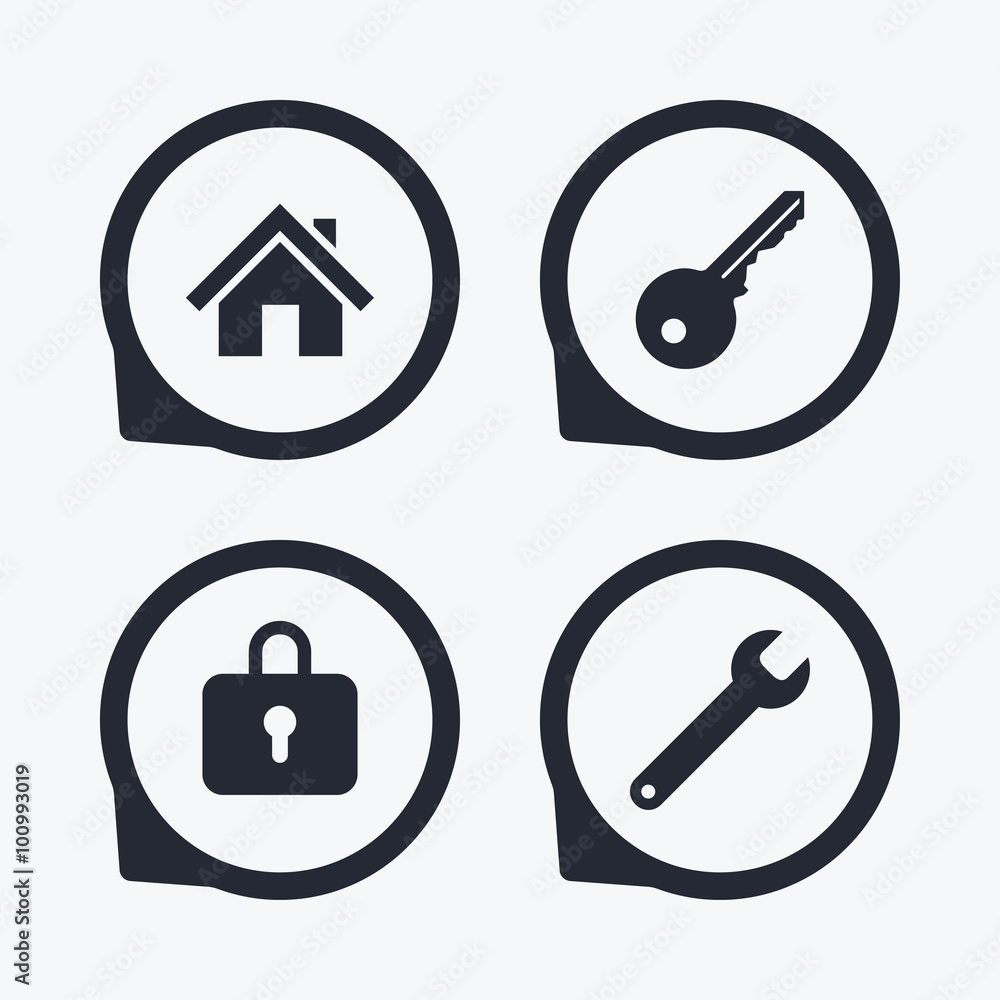 Home key icon. Wrench service tool symbol. Home key icon. Wrench service tool symbol.