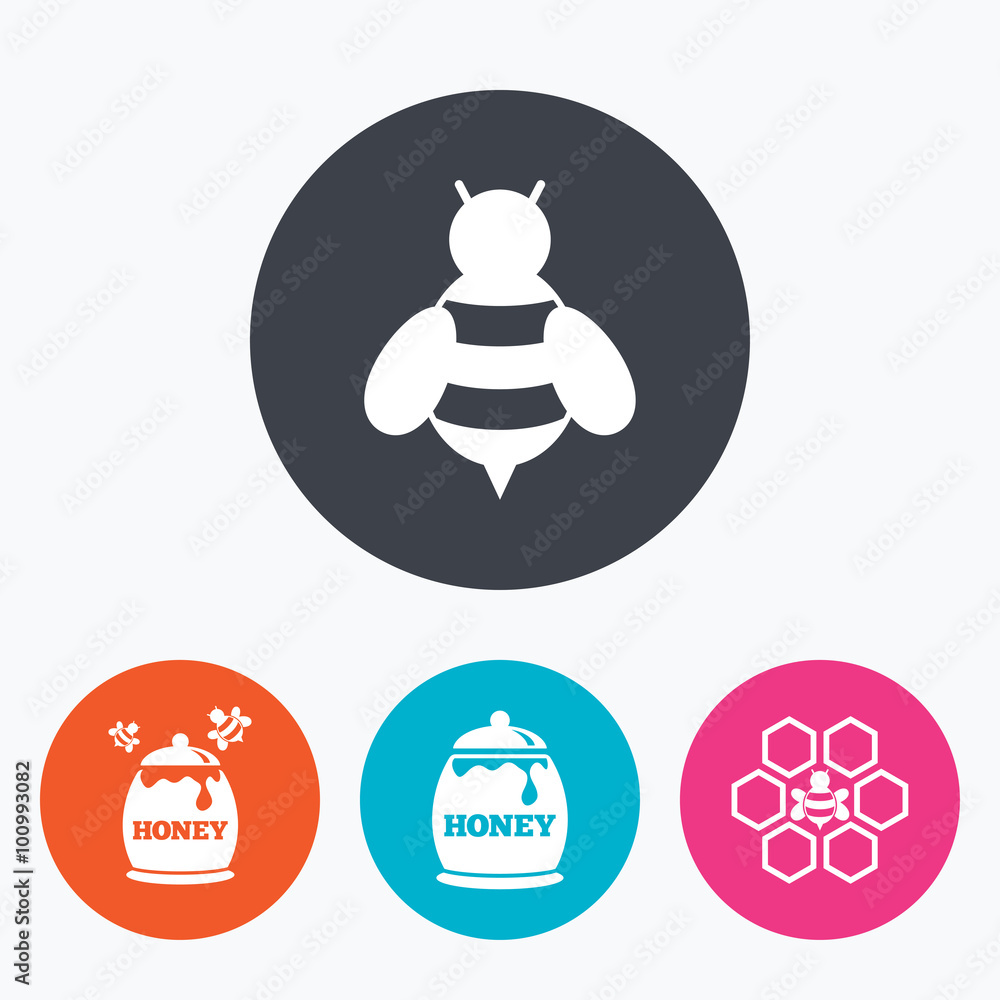 Honey icon. Honeycomb cells with bees symbol. Honey icon. Honeycomb cells with bees symbol.