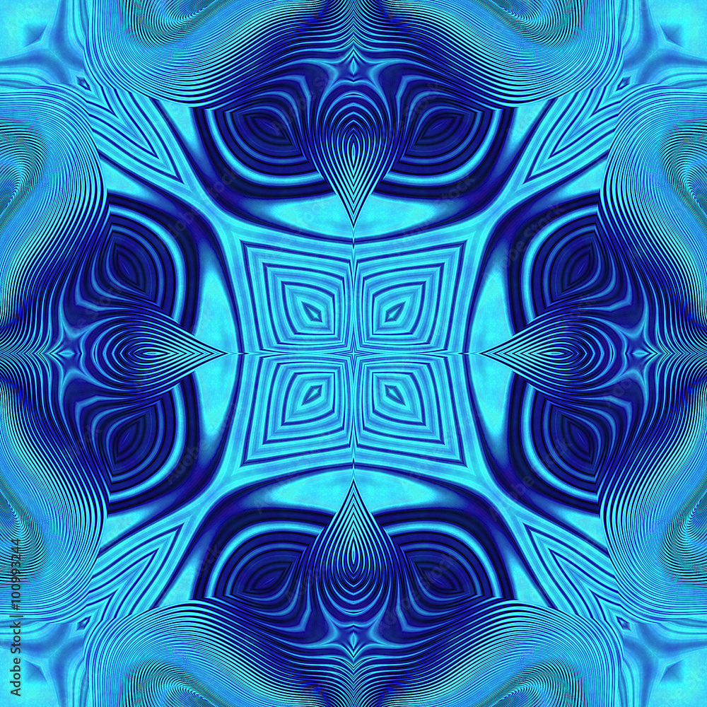 Abstract kaleidoscopic blue pattern with wavy structure resembling a mandala