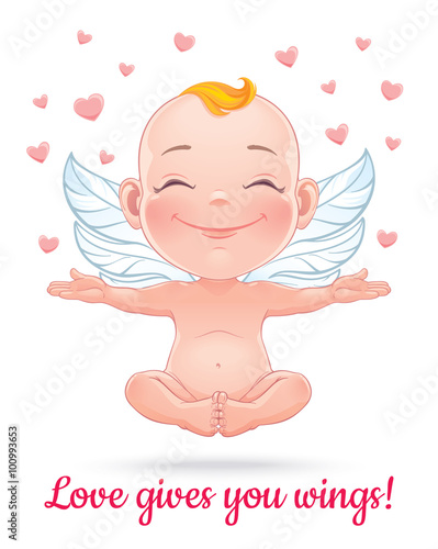 St. Valentine's card. Vector illustration with happy baby cupid. Isolated on white background.