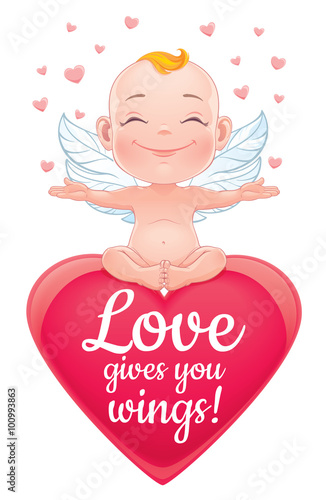 St. Valentine's card. Vector illustration with happy baby cupid. Isolated on white background.