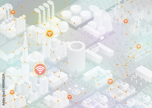 Internet of things(IoT), city and buildings, sensor network, abstract image vector illustration