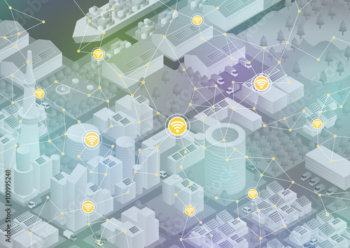 Internet of things(IoT), city and buildings, sensor network, abstract image vector illustration