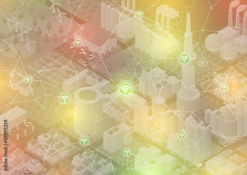 Internet of things(IoT), city and buildings, sensor network, abstract image vector illustration