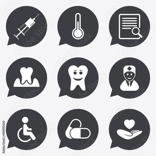 Medicine, medical health and diagnosis icons.