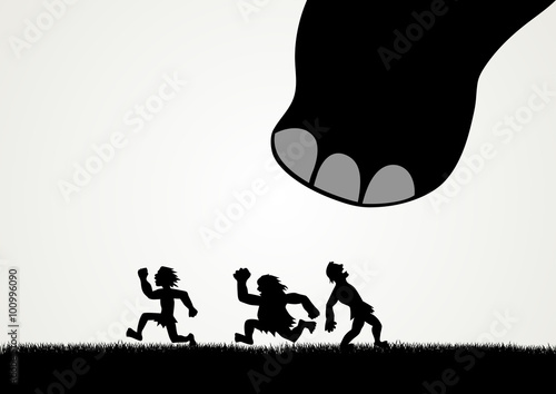 Funny cartoon of men fleeing panic from a giant dinosaur step