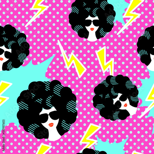 Retro 80s disco party seamless pattern vector. Pink polka dot pop art background with lightning, girl with black curly 80s hairstyle.