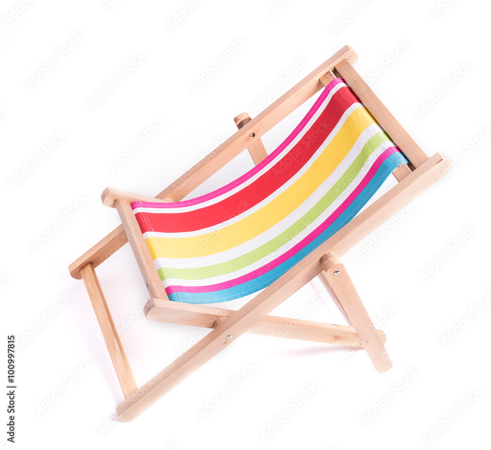 wooden striped deck chair isolated on white background