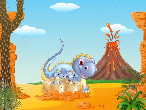Cartoon happy mom dinosaur and baby dinosaurs hatching in the prehistoric background