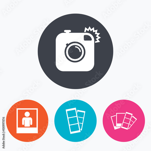 Photo camera icon. Flash light and selfie frame.