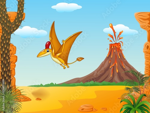 A cute pterodactyl character with prehistoric background