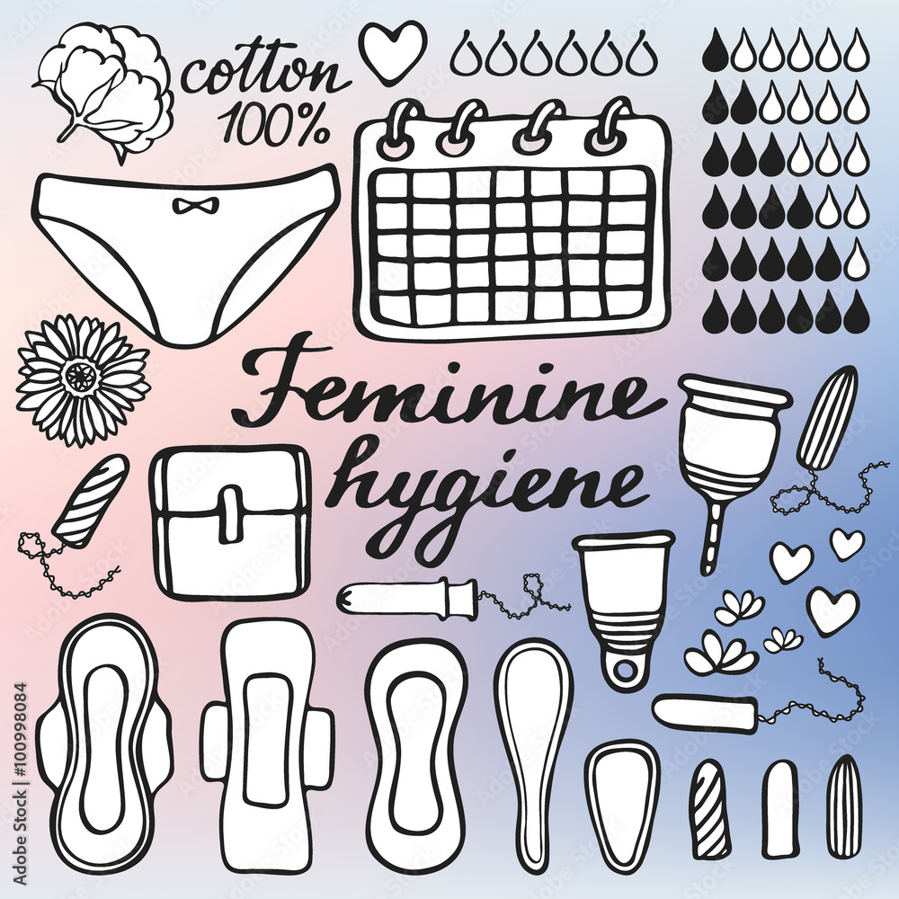 Feminine hygiene set. Hand-drawn cartoon collection of monthly period stuff. Doodle drawing.