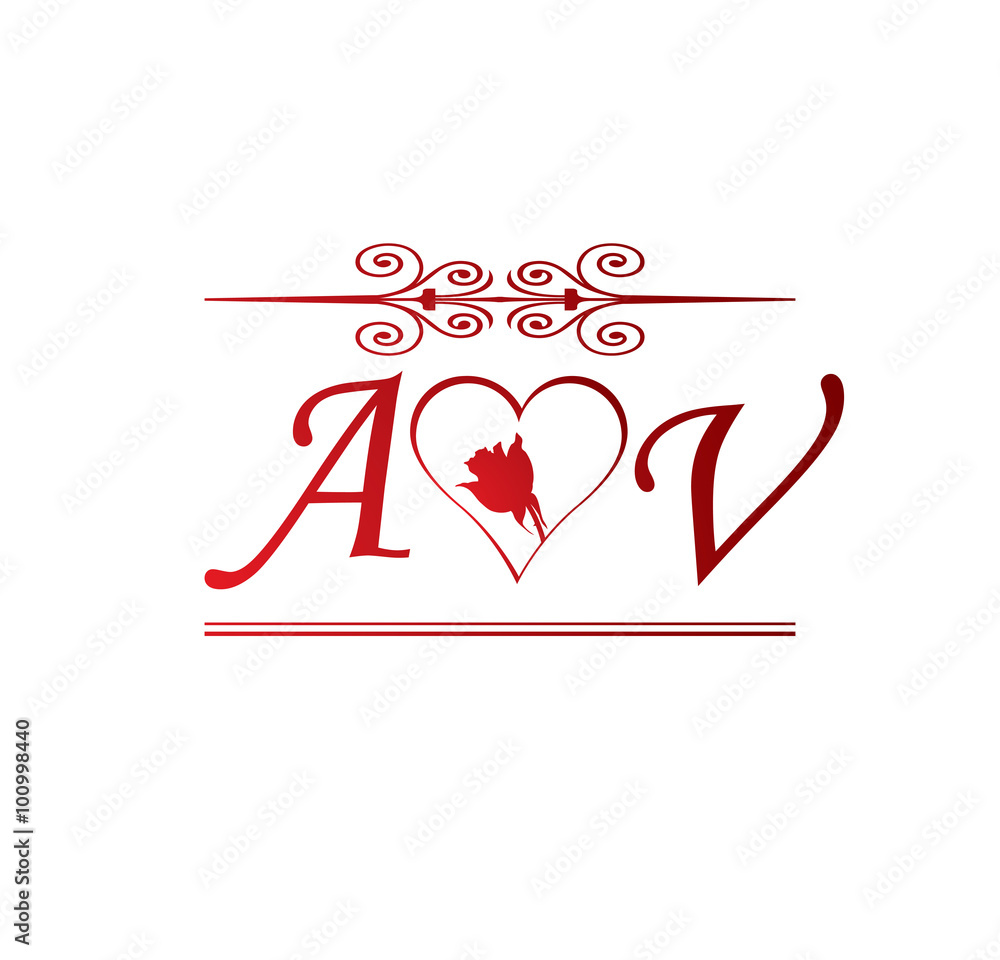 AV love initial with red heart and rose Stock Vector | Adobe Stock