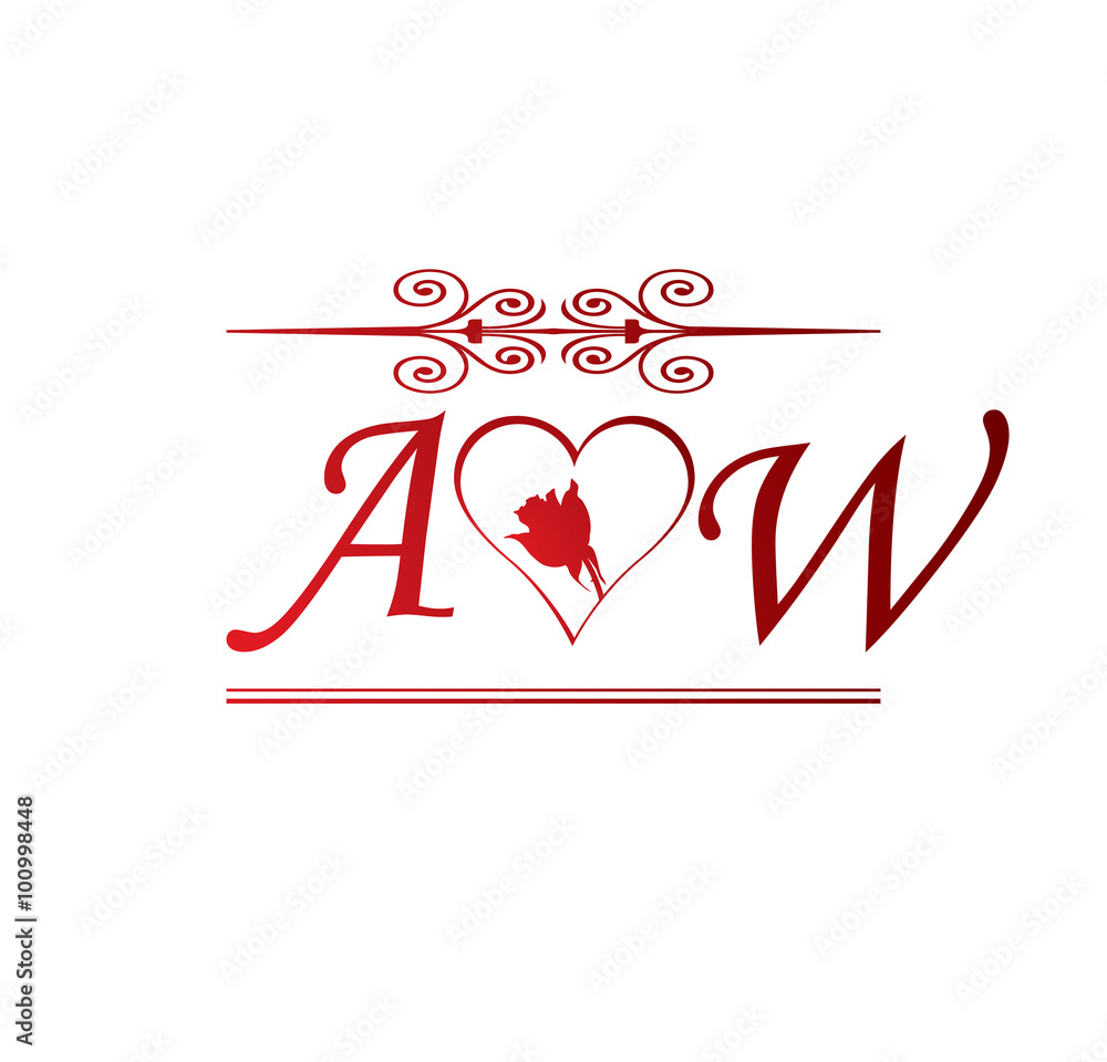 AW love initial with red heart and rose Stock Vector