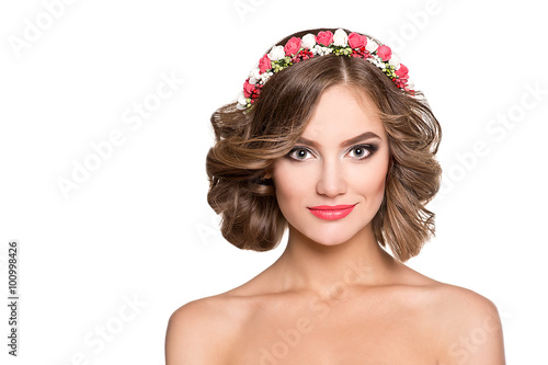 Happy woman. Beautiful woman with wreath of flowers.  