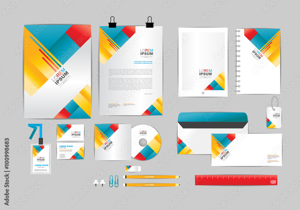 red yellow and blue corporate identity template for your business includes CD Cover, Business Card, folder, ruler, Envelope and Letter Head Designs red yellow and blue corporate identity template for your business includes CD Cover, Business Card, folder, ruler, Envelope and Letter Head Designs