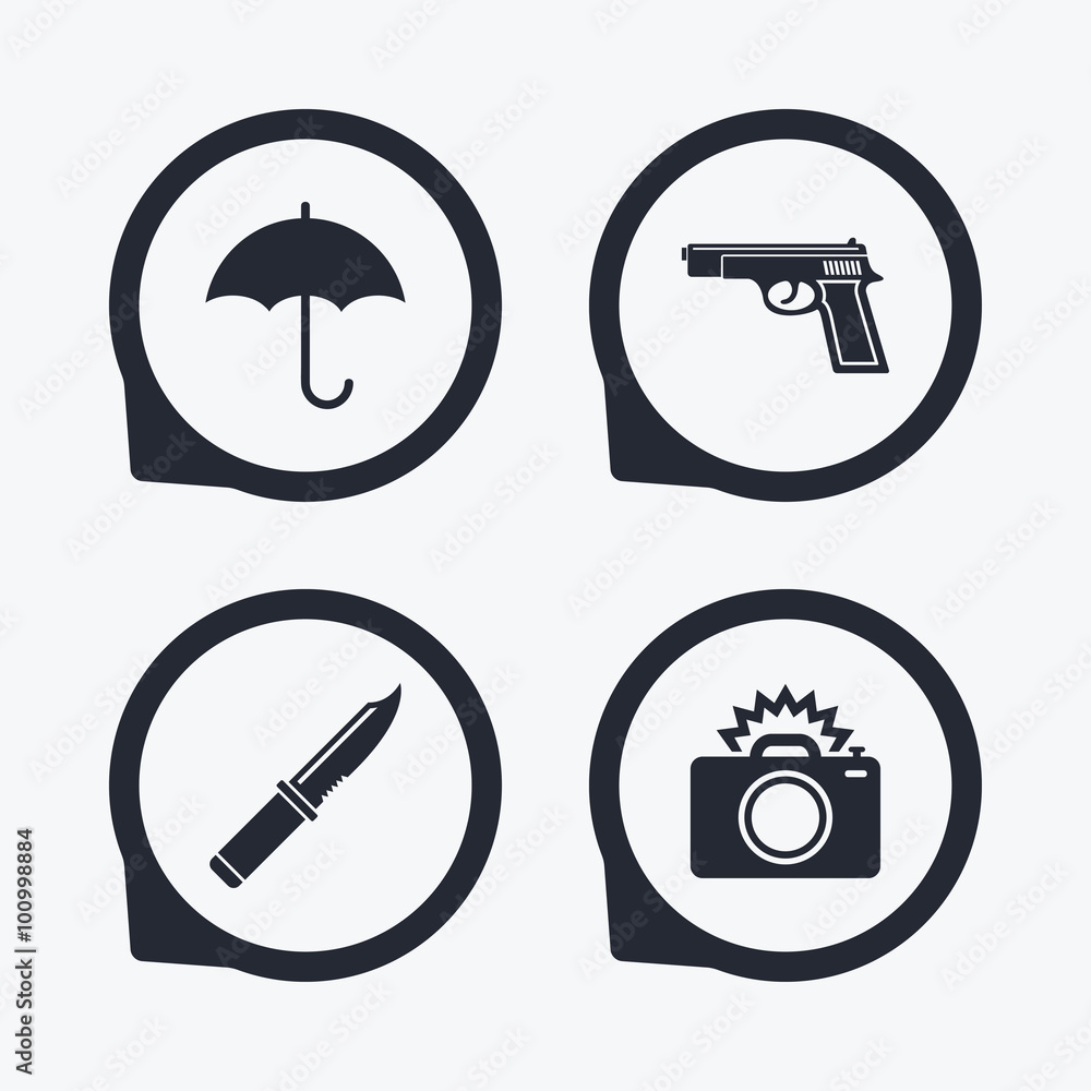 Gun weapon. Knife, umbrella and photo camera. Gun weapon. Knife, umbrella and photo camera.