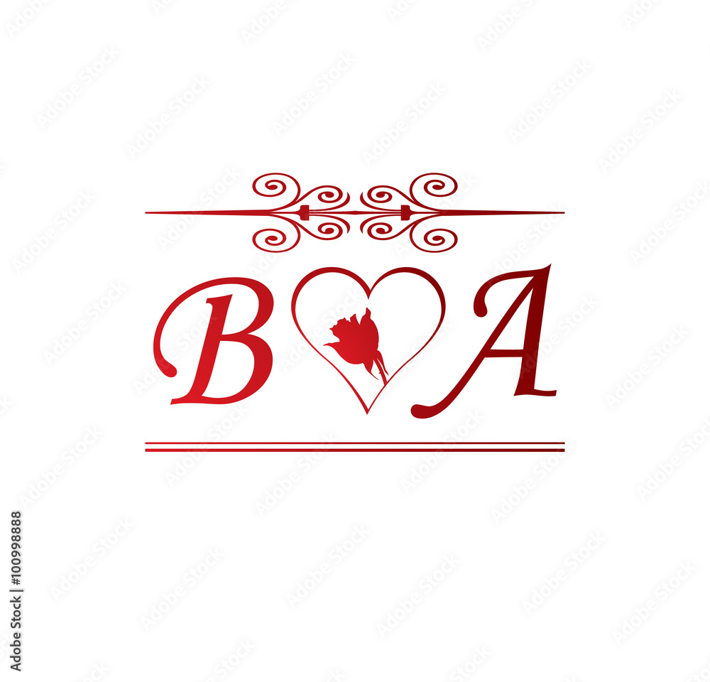 BA love initial with red heart and rose Stock Vector | Adobe Stock