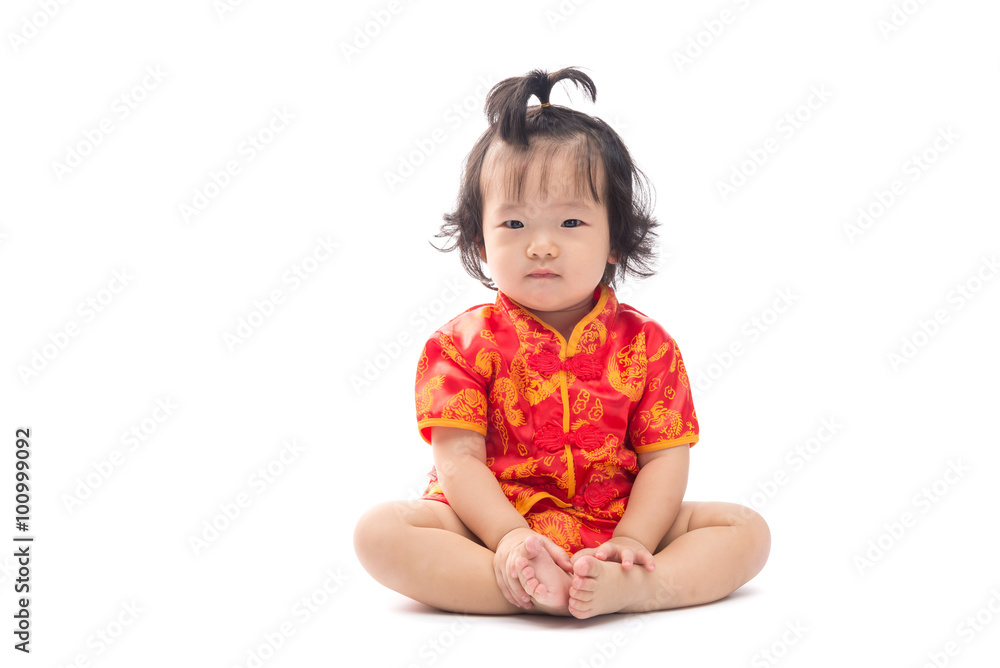 Cute Asian baby girl in traditional Chinese suit Isolated on whi Cute Asian baby girl in traditional Chinese suit Isolated on whi