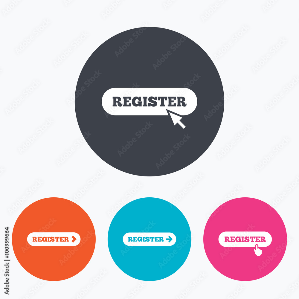 Register with hand pointer icon. Mouse cursor. Register with hand pointer icon. Mouse cursor.