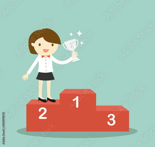 Business concept, business woman standing on 2nd winning podium and holding silver trophy. Vector illustration.