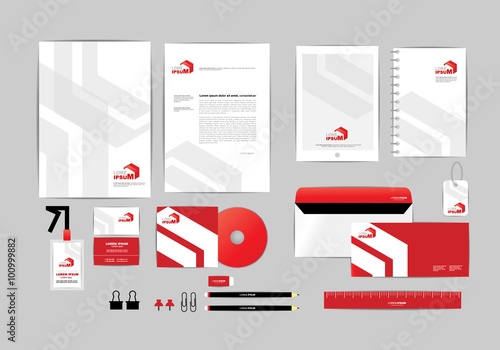 red and white with triangle corporate identity template for your business includes CD Cover, Business Card, folder, ruler, Envelope and Letter Head Designs F