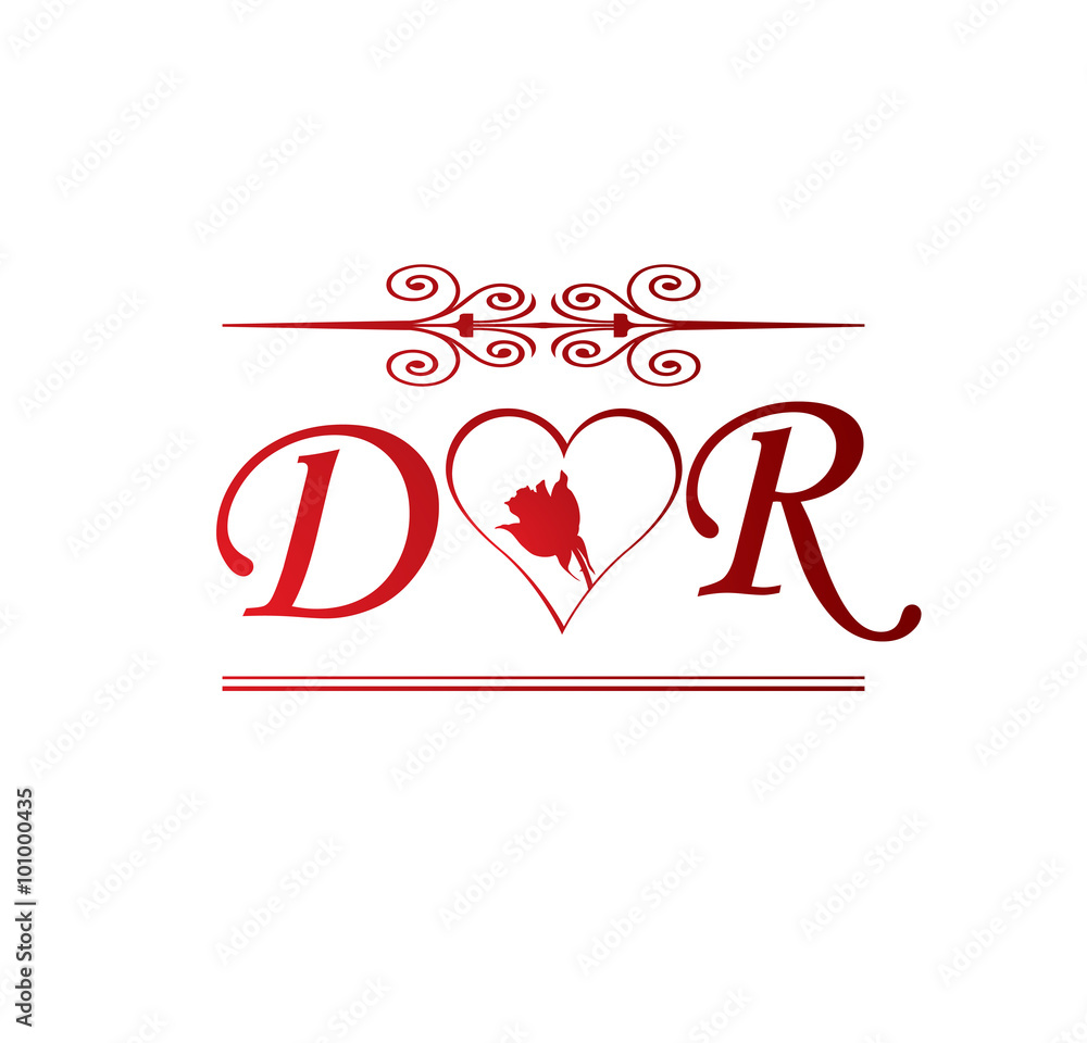 DR love initial with red heart and rose Stock Vector | Adobe Stock
