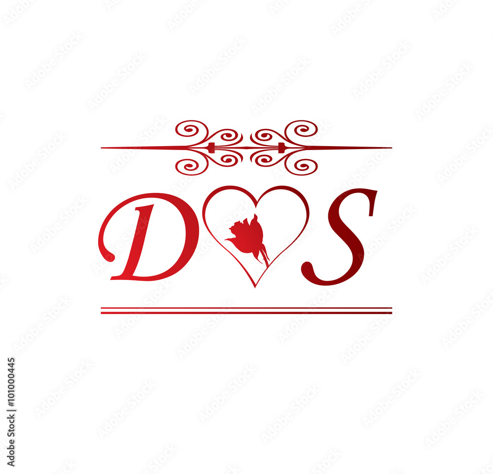 DS love initial with red heart and rose Stock Vector | Adobe Stock