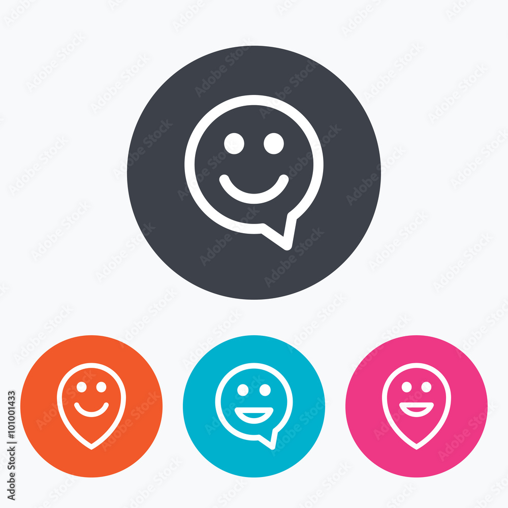 Happy face speech bubble icons. Pointer symbol. Happy face speech bubble icons. Pointer symbol.