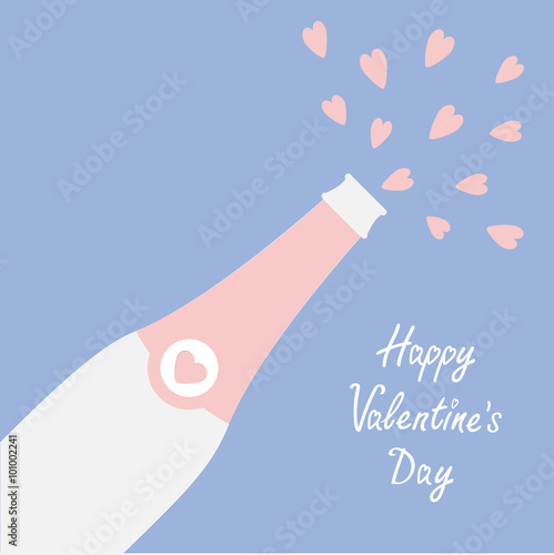 Happy Valentines Day. Love card. Champagne bottle heart explosion Flat design. Rose quartz serenity color background.