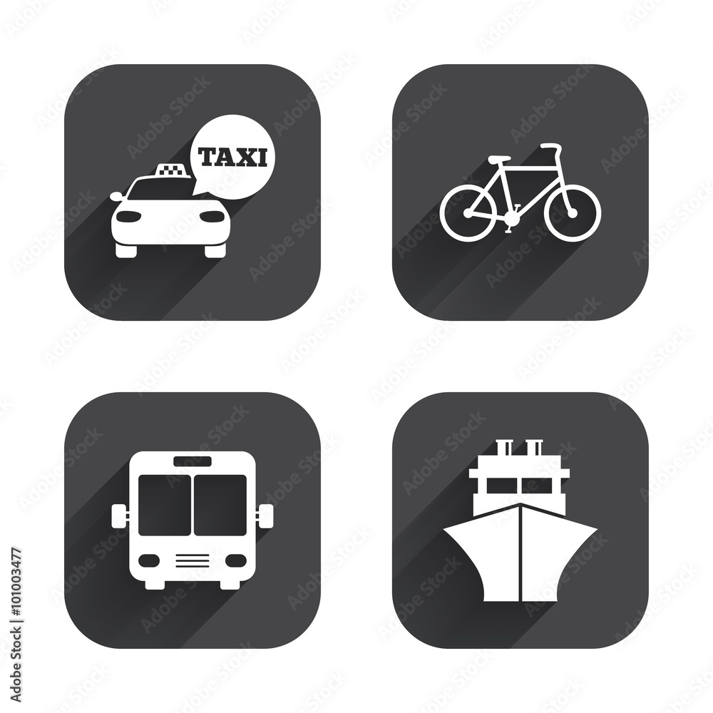 Transport icons. Taxi car, Bicycle, Bus and Ship Transport icons. Taxi car, Bicycle, Bus and Ship