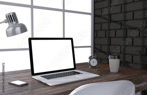 3D illustration laptop and work stuff on table near brick wall  Workspace