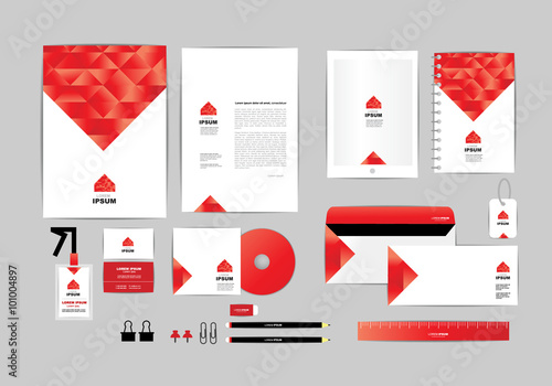 red and white with triangle corporate identity template for your business includes CD Cover, Business Card, folder, ruler, Envelope and Letter Head Designs A